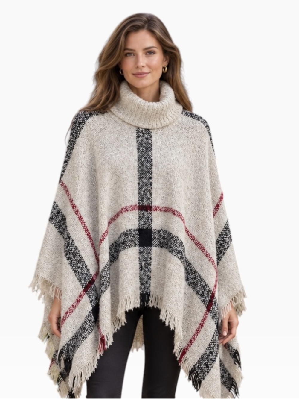 High Collar Fringed Knit Cape Cream Red & Black Plaid One Size Poncho